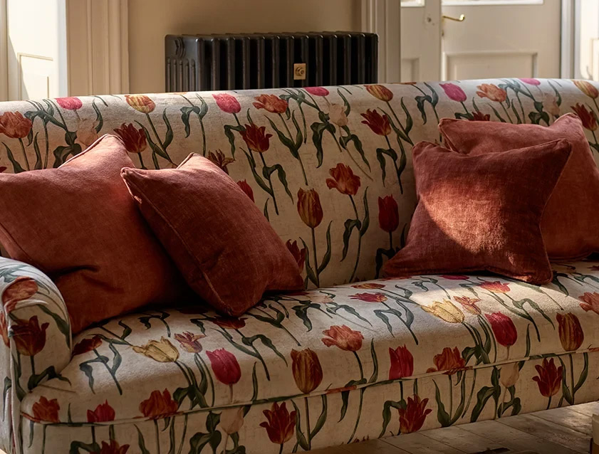 Scatters in Almost Plain Velvet Maple and Brick on Holmfirth 3 Seater Sofa in RHS Collection on Holmfirth 3 Seater Sofa in Velvet Pieter van Kouwenhoorn Tulips
